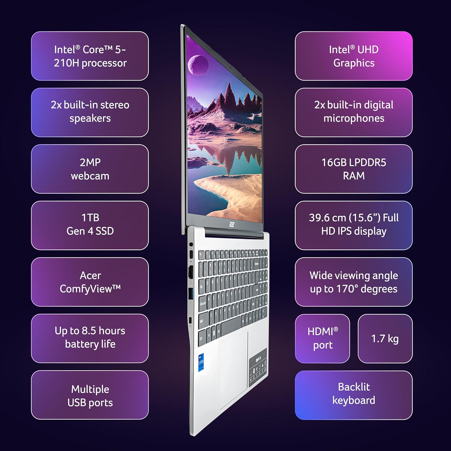 acer Aspire Lite Intel Core 5-210H Processor, Office 2024 + M365 Basic, 16GB RAM/512GB SSD, 15.6"/39.62 cm, FHD IPS Display,Win 11 Home, Backlit KB, Steel Grey, 1.7Kg, AL15-52H, Thin and Light Laptop - Image 2