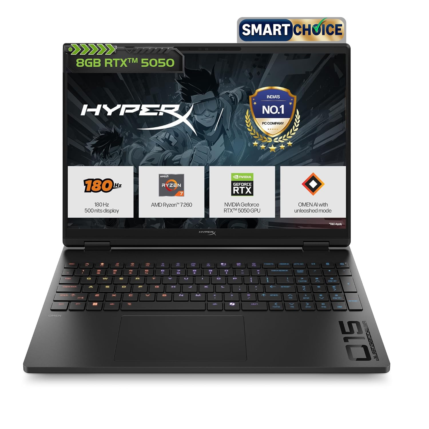 HP Smartchoice HyperX OMEN 15, AMD Ryzen 7 260, 8GB-RTX 5050, 24GB DDR5 (Upgradeable), 1TB SSD, 180Hz, 2.5K, 500 nits, 3ms RT, 15.3''/38.9cm, Win11, Office24, Black, 2.42kg, gb0038AX, AI Gaming Laptop