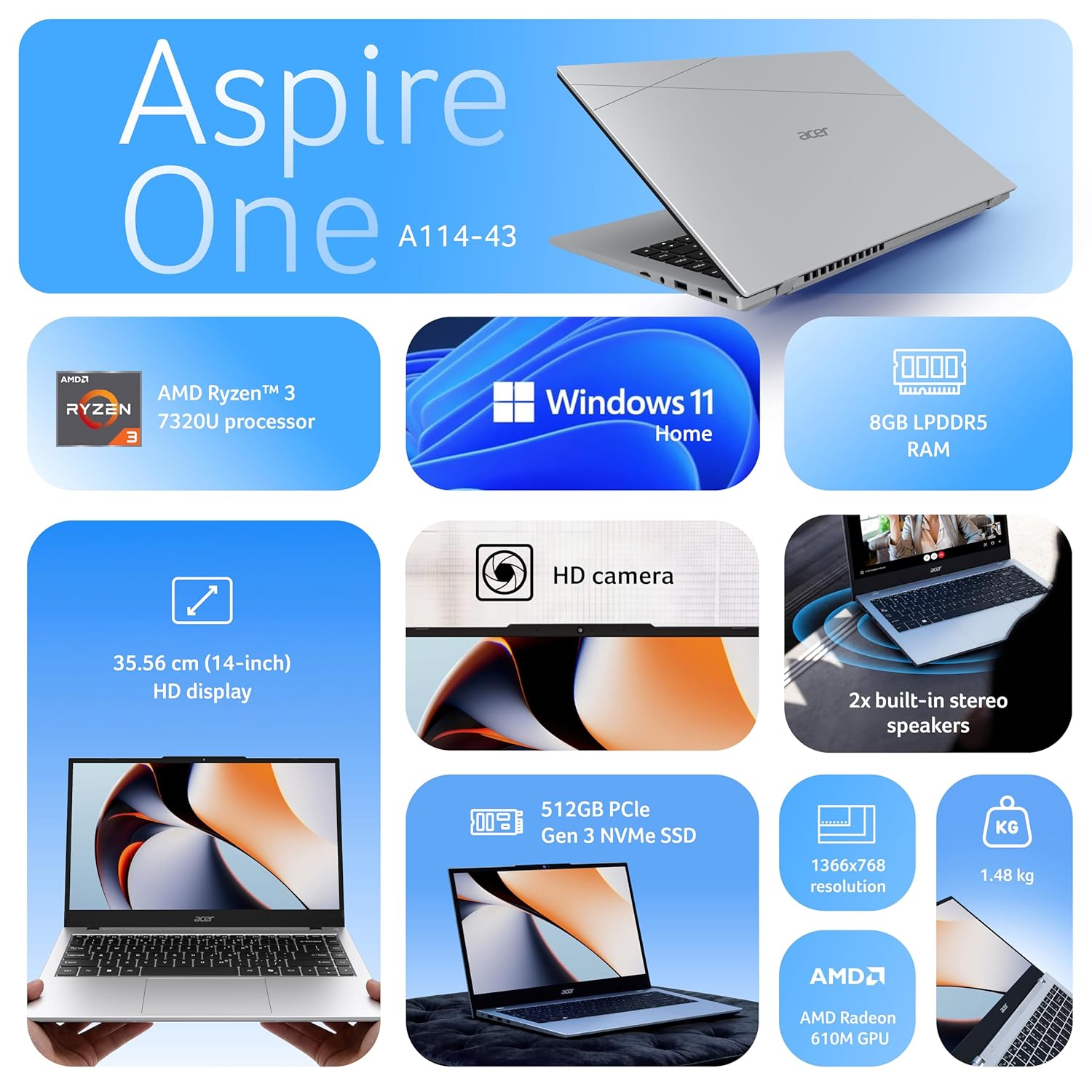Acer Smartchoice Aspire One, AMD Ryzen 3-7320U, 8GB LPDDR5 RAM/ 512GB SSD, 14.0"/35.56cm TN HD Display light , Win 11 Home, Pure Silver, 1.48KG, A114-43, Thin and Light Laptop - Image 2